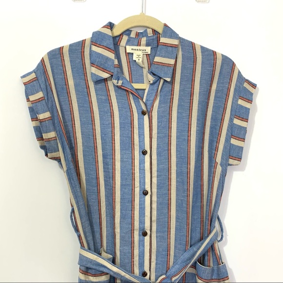 NWOT NORDSTROM Monteau Vintage Linen Blue & Orange Stripe Tie Dress size Small - Picture 3 of 7